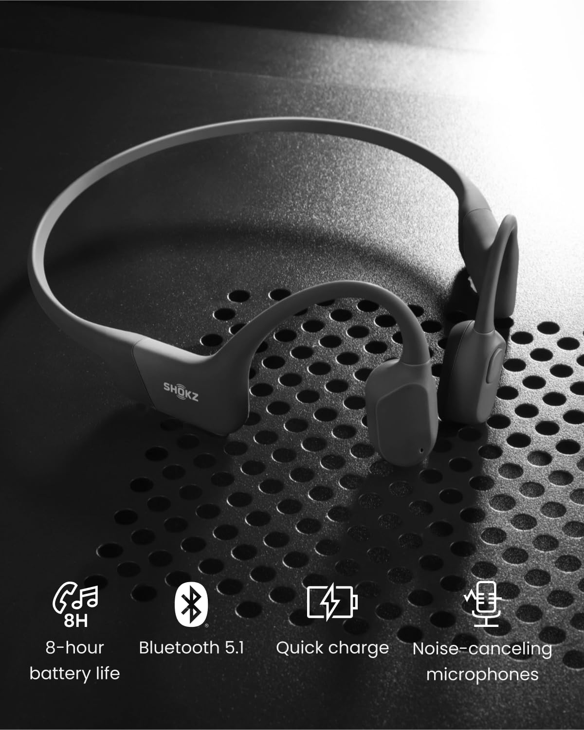 SHOKZ OpenRun bone conduction technology sends sound via cheekbones for safety and clarity.