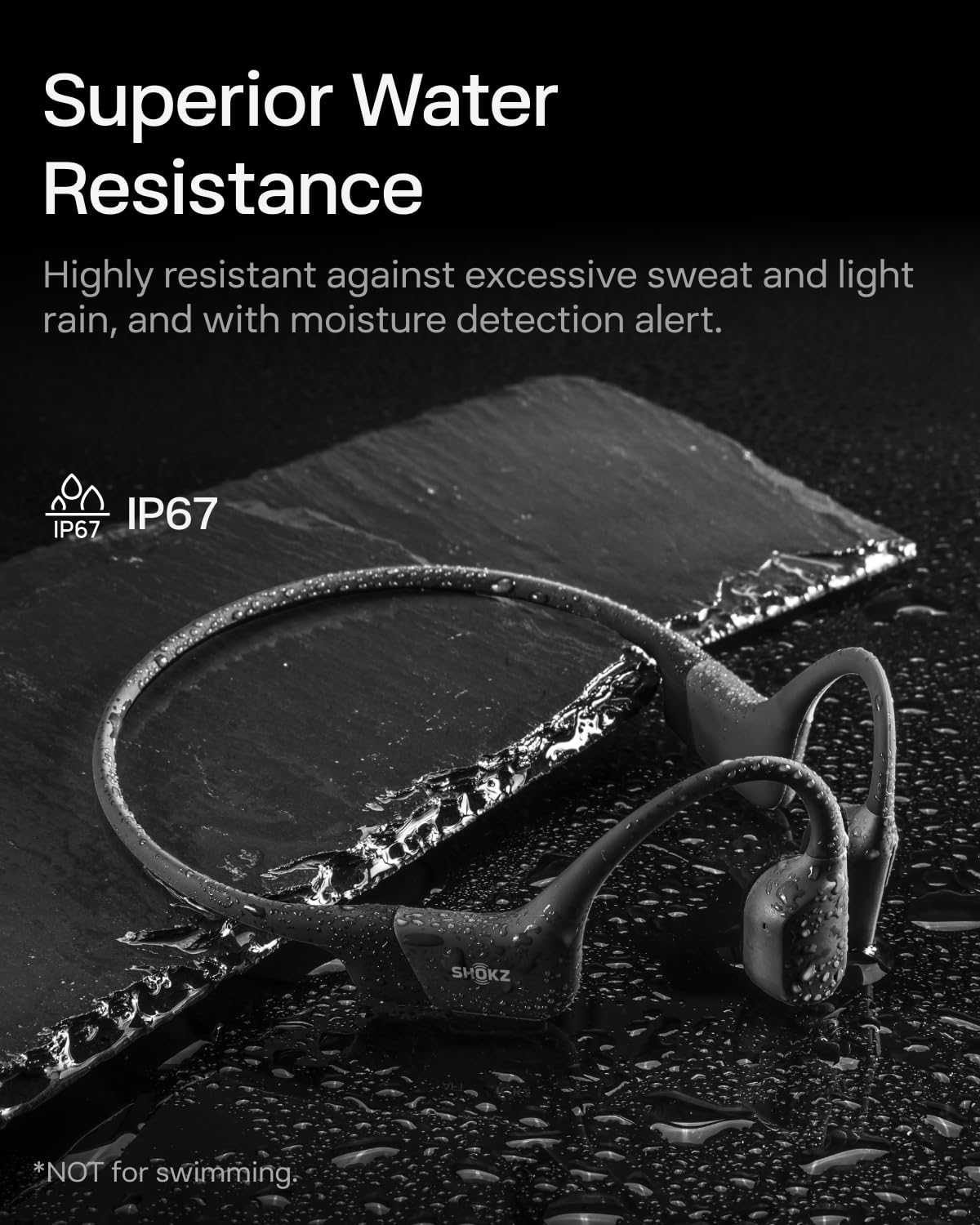 SHOKZ OpenRun Mini IP67 waterproof design emphasizes sweat resistance during workouts.