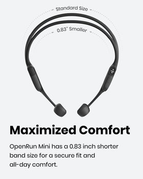 SHOKZ OpenRun Mini wireless headphones with built-in mic for calls during workouts.