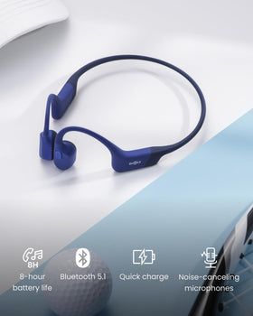 SHOKZ OpenRun Mini worn on head showing secure, lightweight fit for running.
