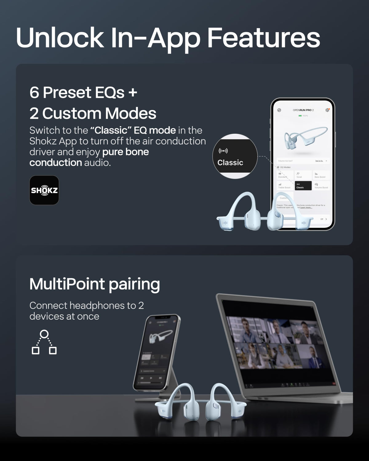 SHOKZ OpenRun Pro 2 Mini Shokz App EQ modes customize audio for your needs.
