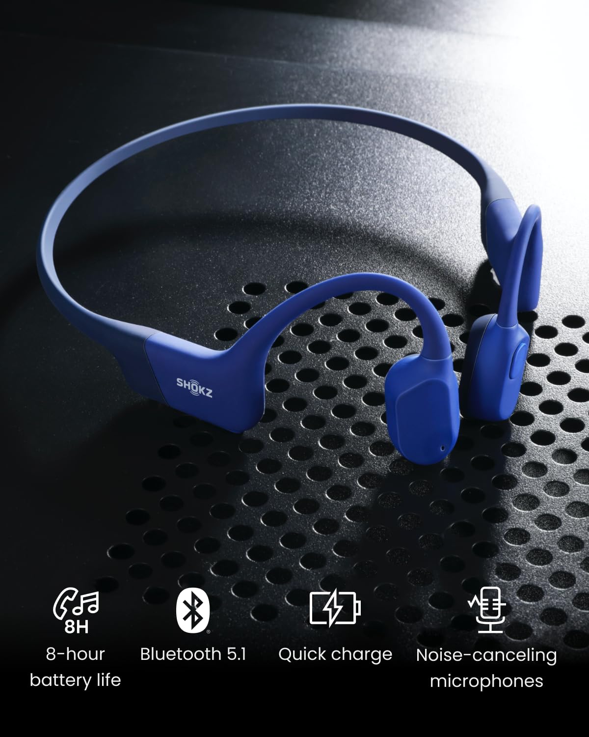 SHOKZ OpenRun quick-charge 10 minutes adds 1.5 hours of play in blue.