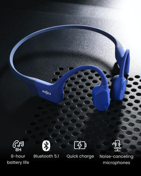 SHOKZ OpenRun quick-charge 10 minutes adds 1.5 hours of play in blue.