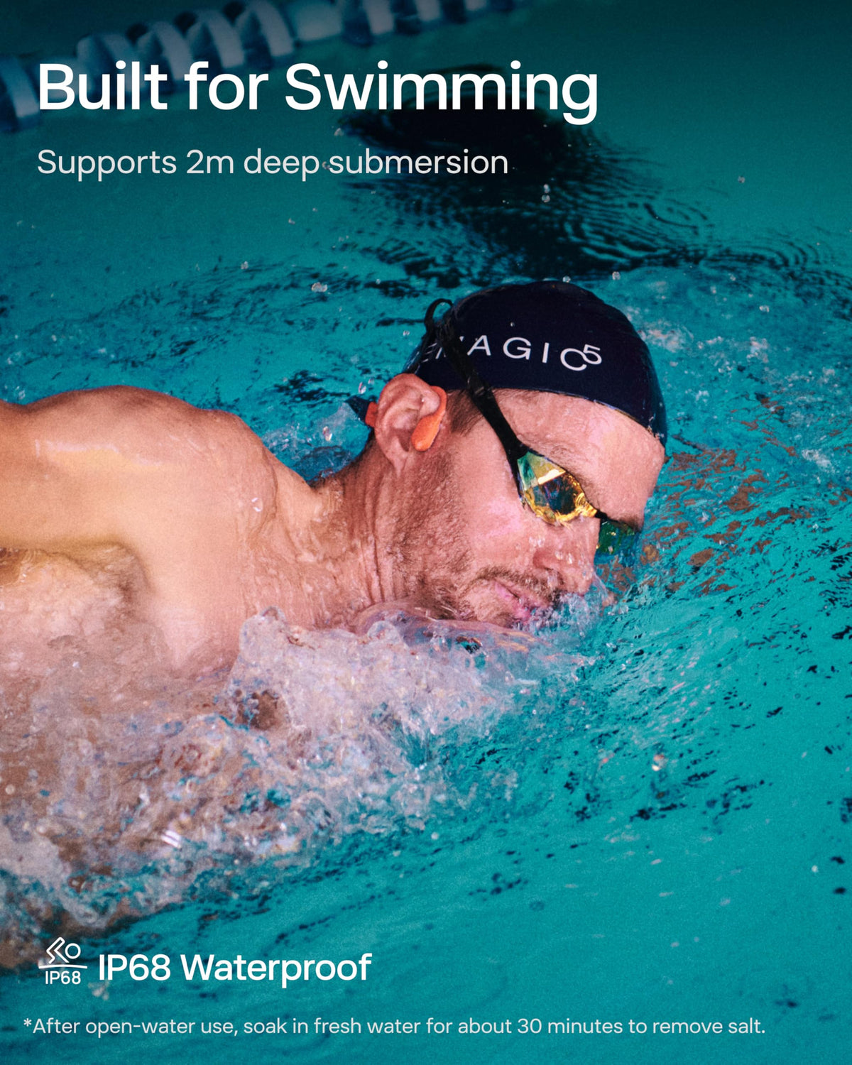 SHOKZ OpenSwim Pro IP68 waterproof rating protects against sweat and immersion