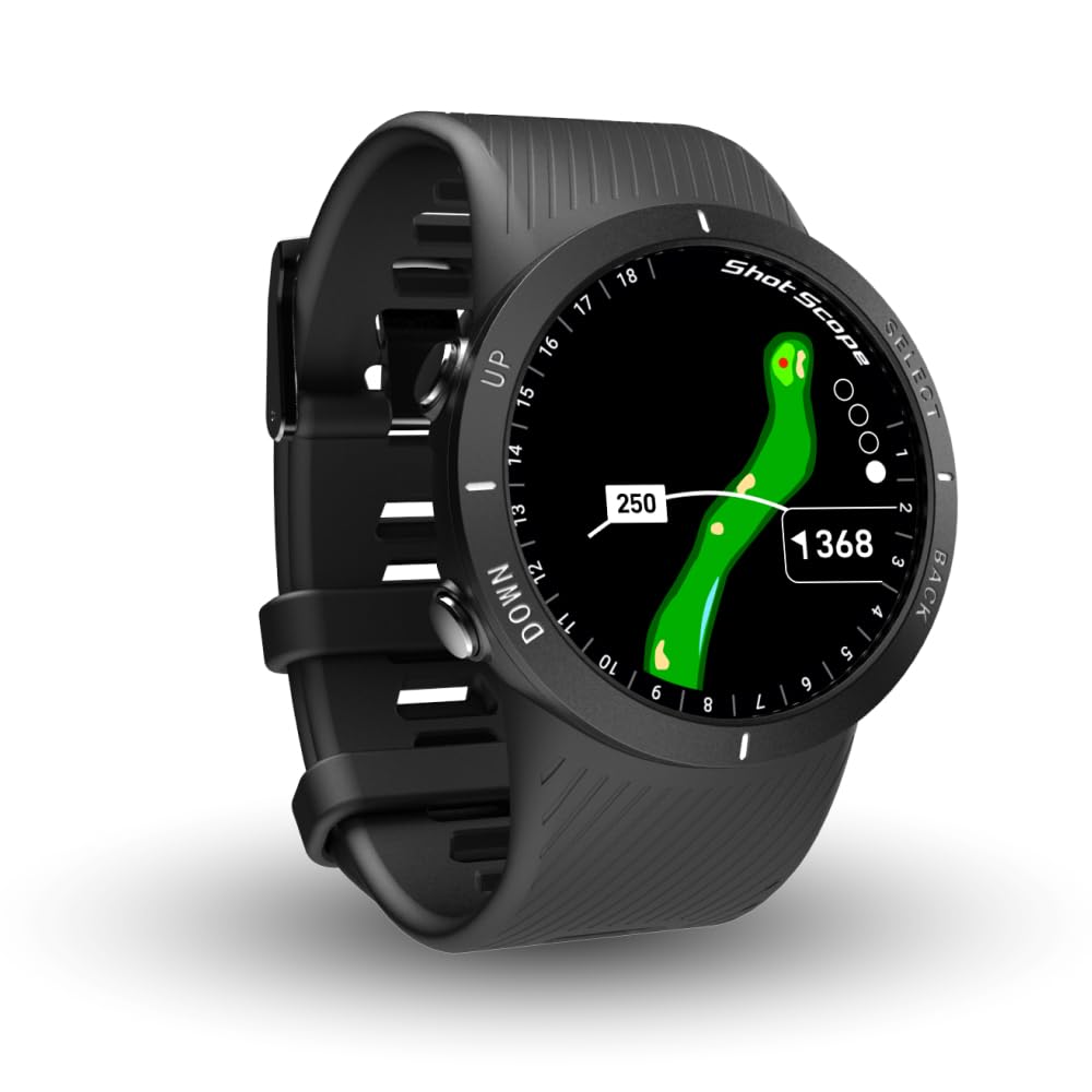 Shot Scope V5 watch on wrist with real-time distances to greens.