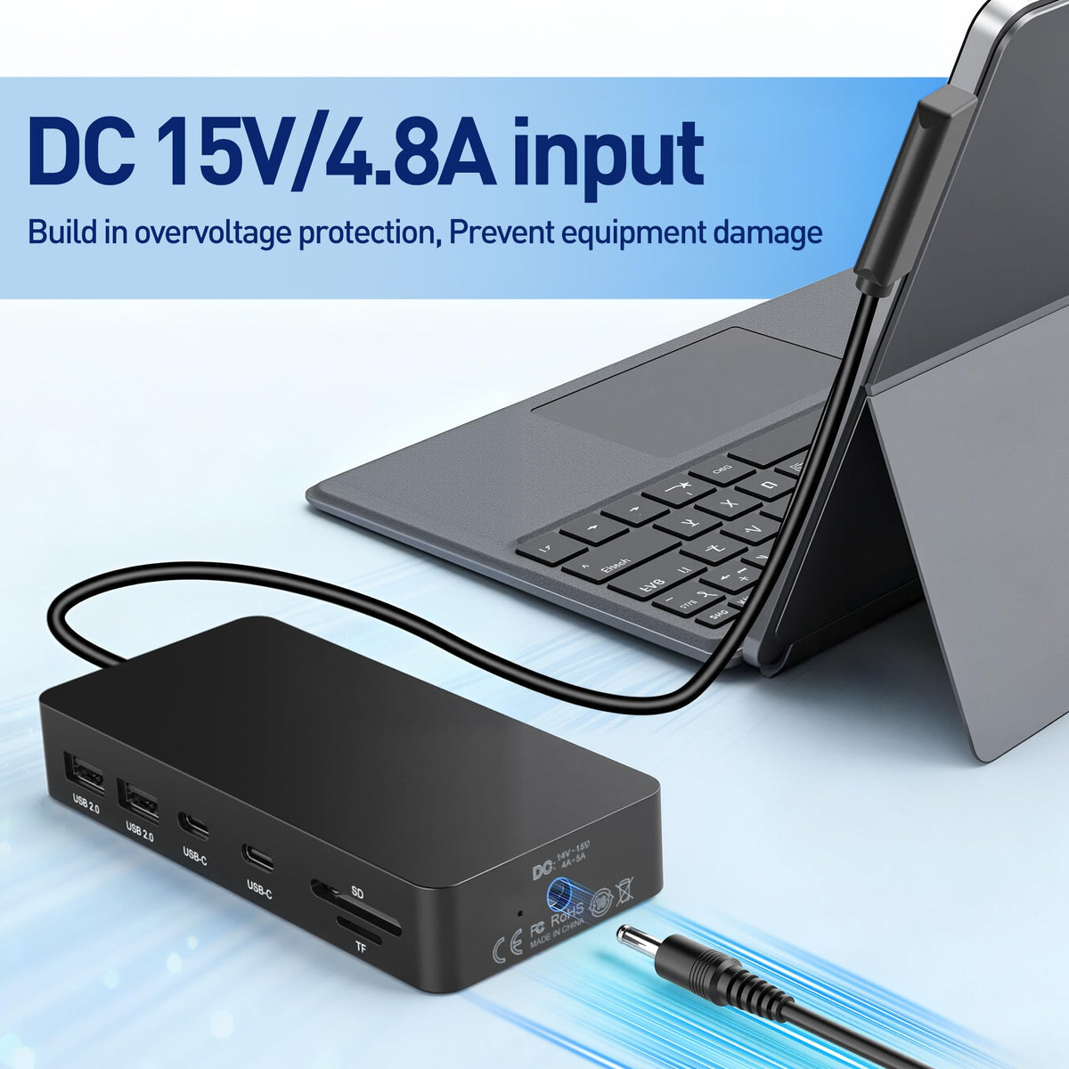 SHOWAIST Surface Docking Station 72W power adapter keeps devices charged