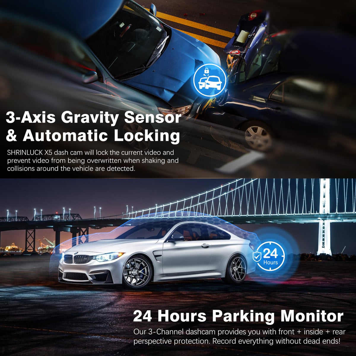 SHRINLUCK 3-axis G-Sensor automatically locks important footage after impact.
