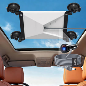 Shruy front-mounted Starlink Mini on car window showing secure hold and clear signal