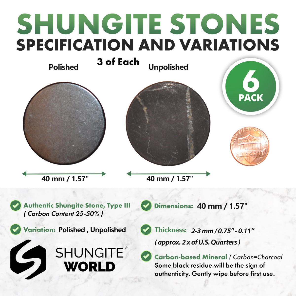 Shungite World polished sticker close-up highlighting metallic sheen and refined finish