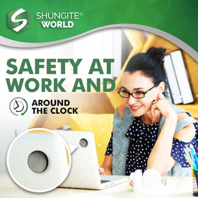 Shungite World stickers in a desk lifestyle scene showing calm workspace benefit