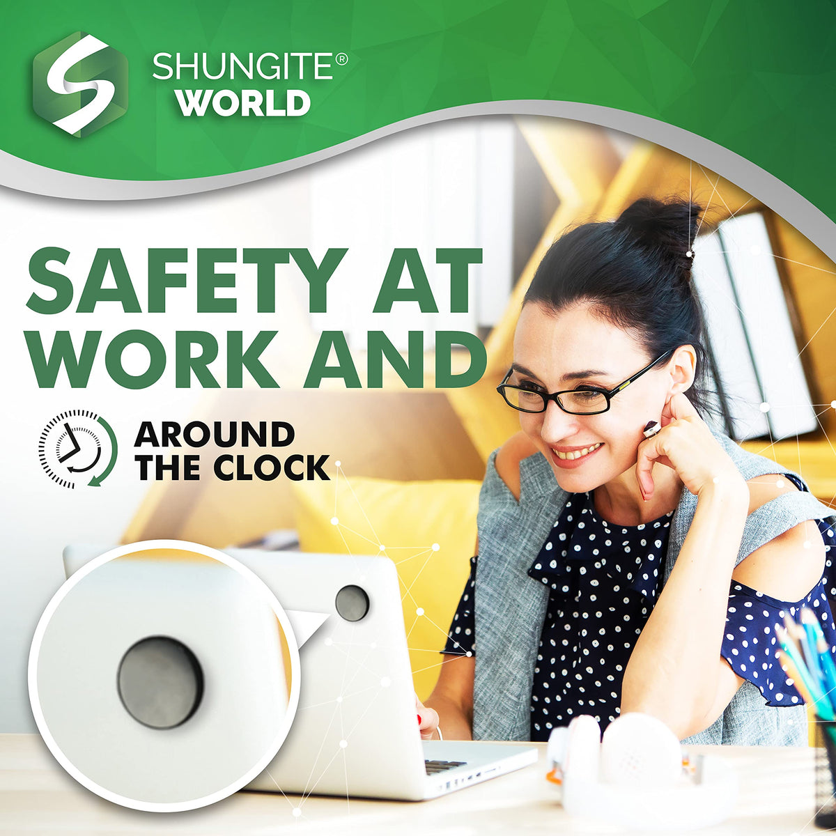 Shungite World stickers on a desk with devices showing everyday use benefit practical integration