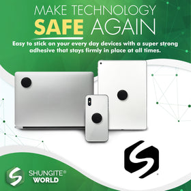 Shungite World disc applied to smartphone back demonstrating discreet device protection