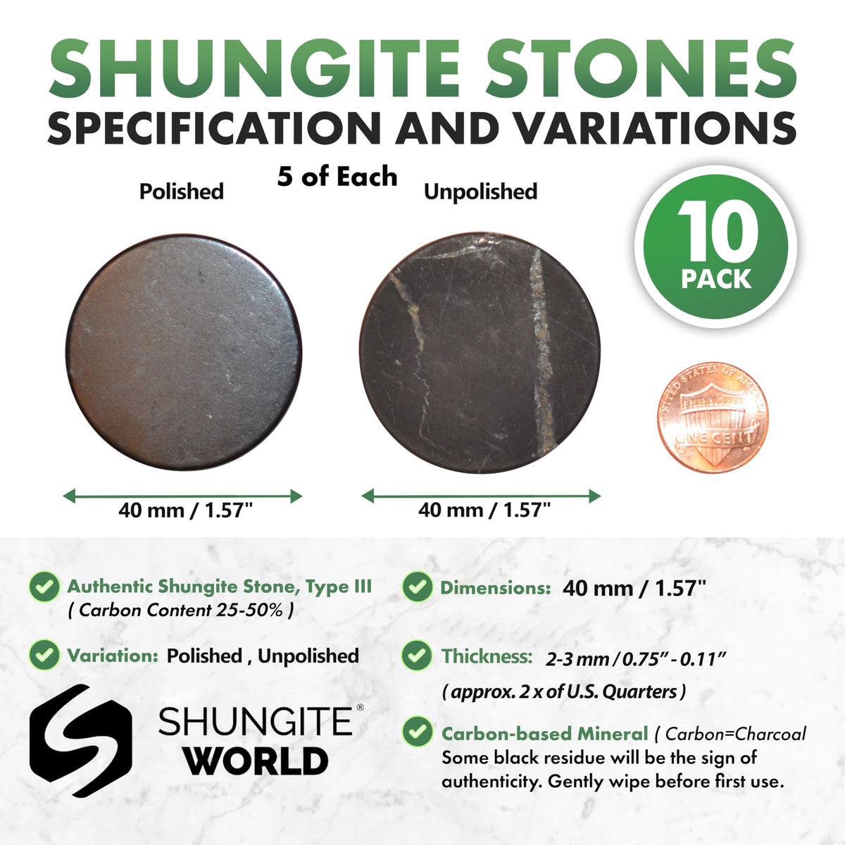 Shungite World polished disc close-up highlighting smooth metallic shine benefit
