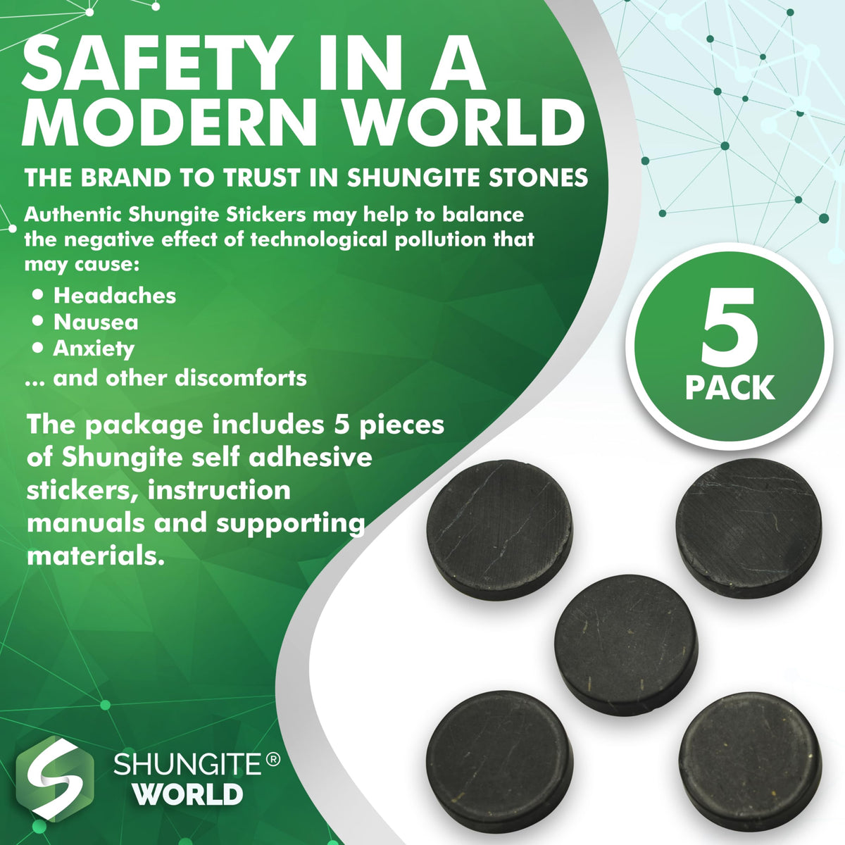 Shungite World stickers on laptop suggest calm, focused work environment