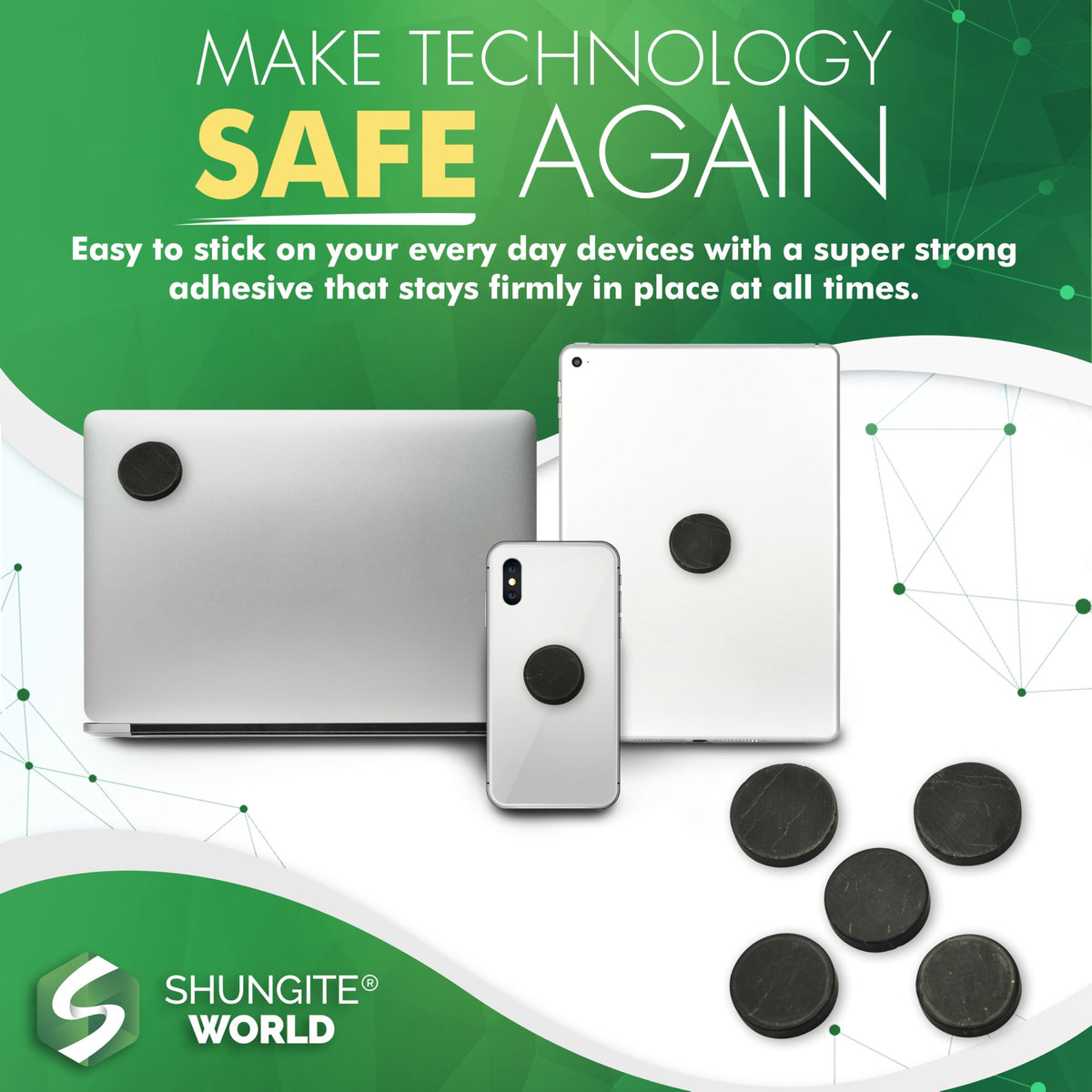 Shungite World stickers in packaging highlight easy application for multi-device use