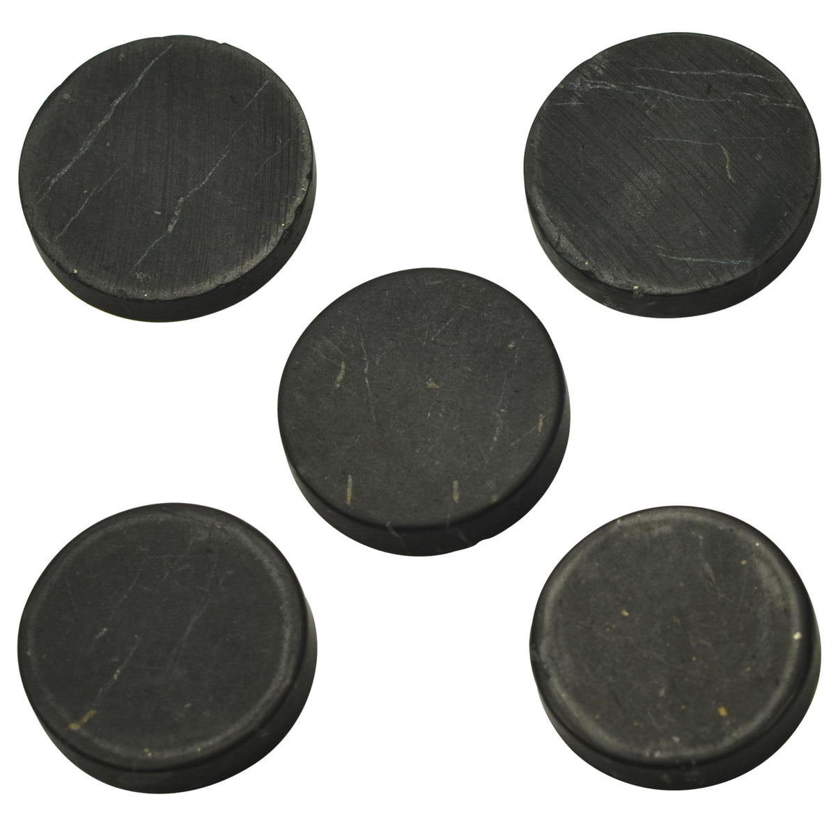 Shungite World 5 pcs unpolished 40mm stickers close-up showing grounding texture