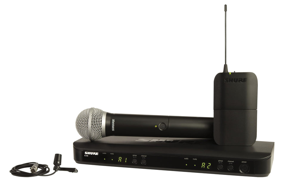 Shure BLX1288/CVL dual receiver shown with rack, ensuring stable wireless performance.