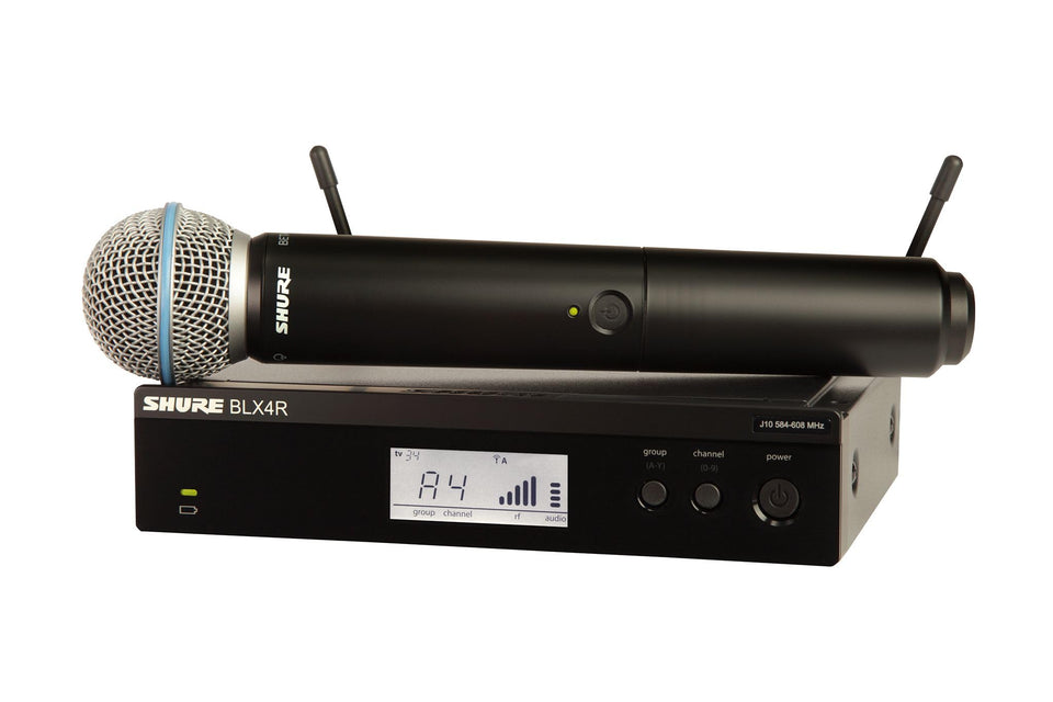 Shure BLX24R/B58 rack-mount receiver front view showing solid build and connection points.