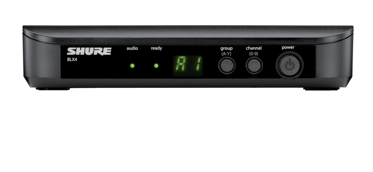 Shure BLX4 receiver front view with XLR and 1/4-inch outputs for easy connection.