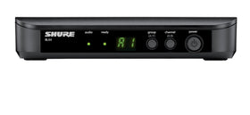 Shure BLX4 receiver front view with XLR and 1/4-inch outputs for easy connection.