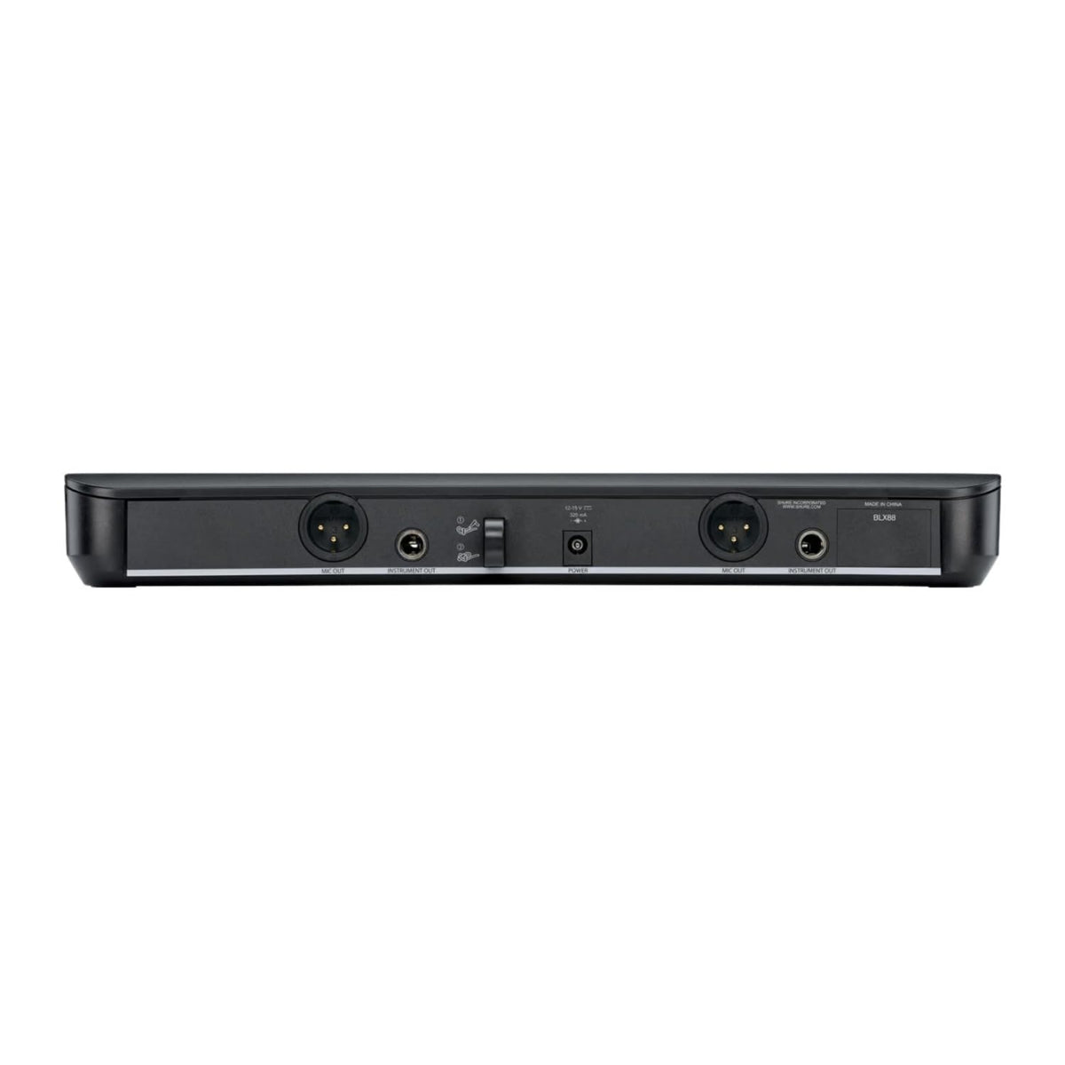 Shure BLX88 back panel shows dual outputs for easy mixer connection.