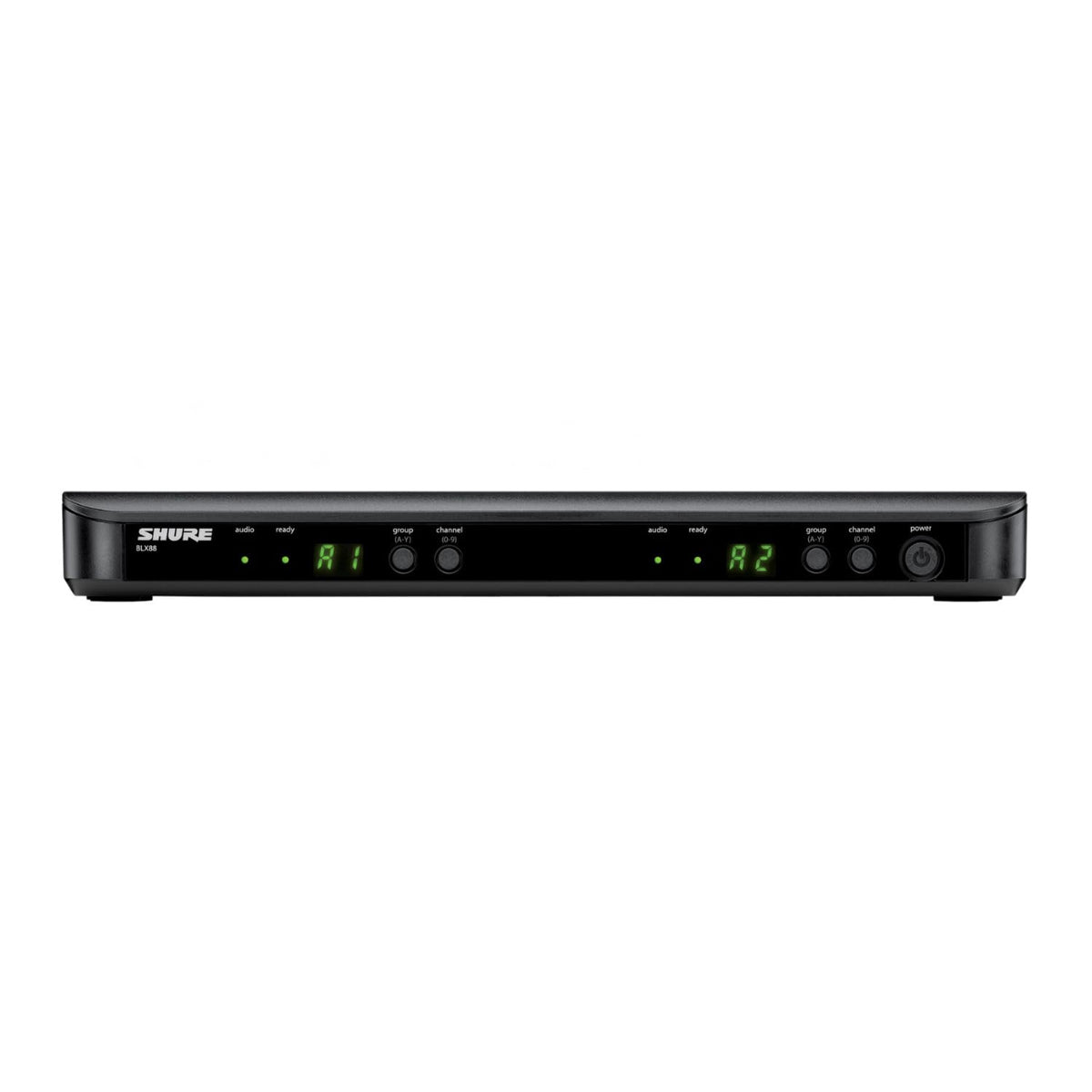 Shure BLX88 dual-channel receiver front view for clear stage audio.
