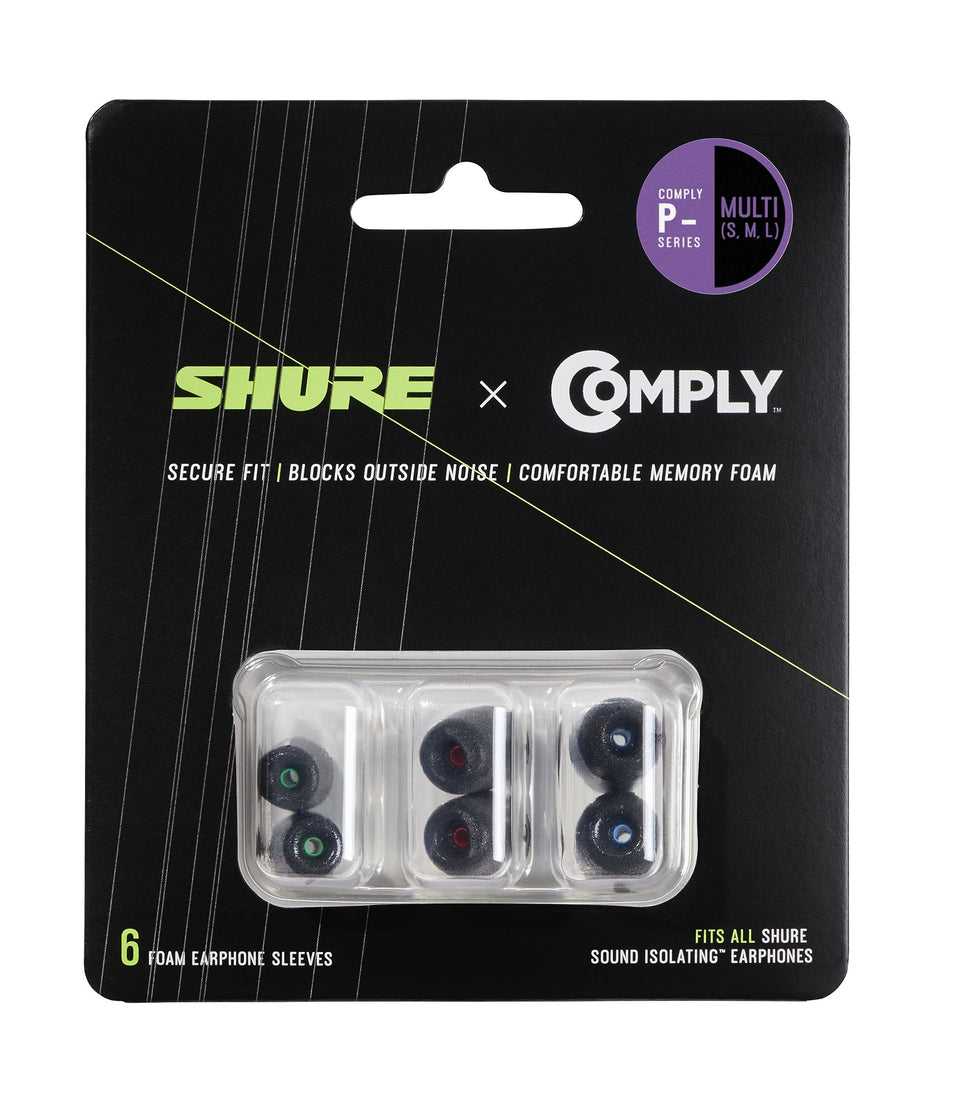 Shure Comply P-Series foam sleeves pack front view for deeper isolation.