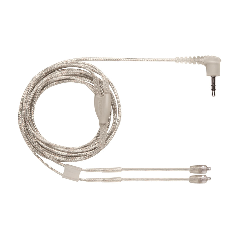 Shure clear MMCX cable front connector showing secure fit and durable design