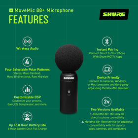 Shure MoveMic 88+ cardioid field recording capture with wireless flexibility