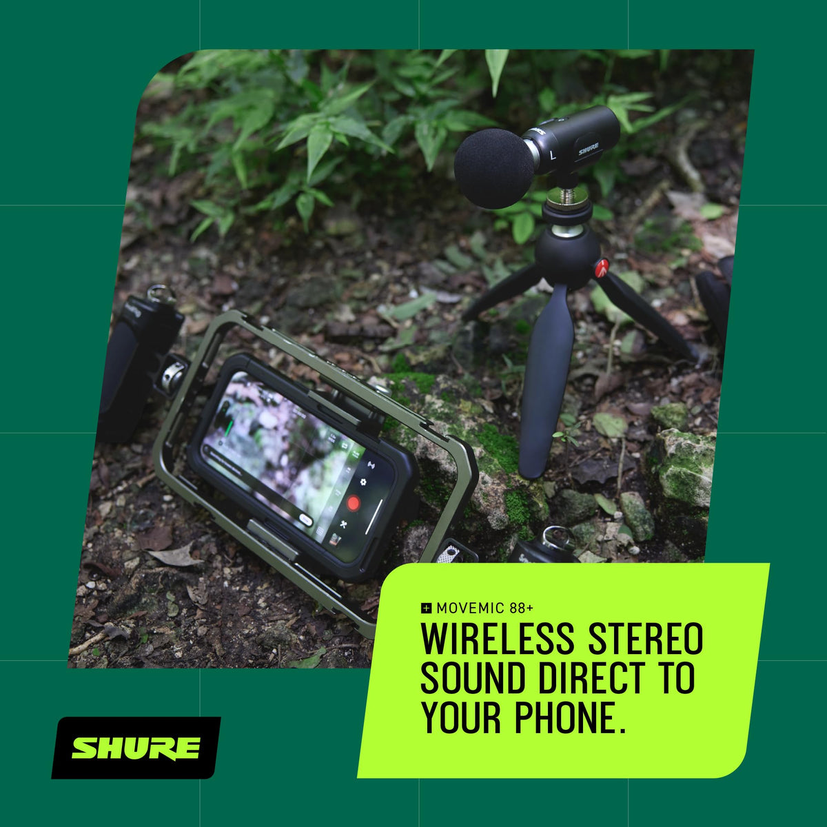 Shure MoveMic 88+ cold shoe mount on camera rig for quick setups