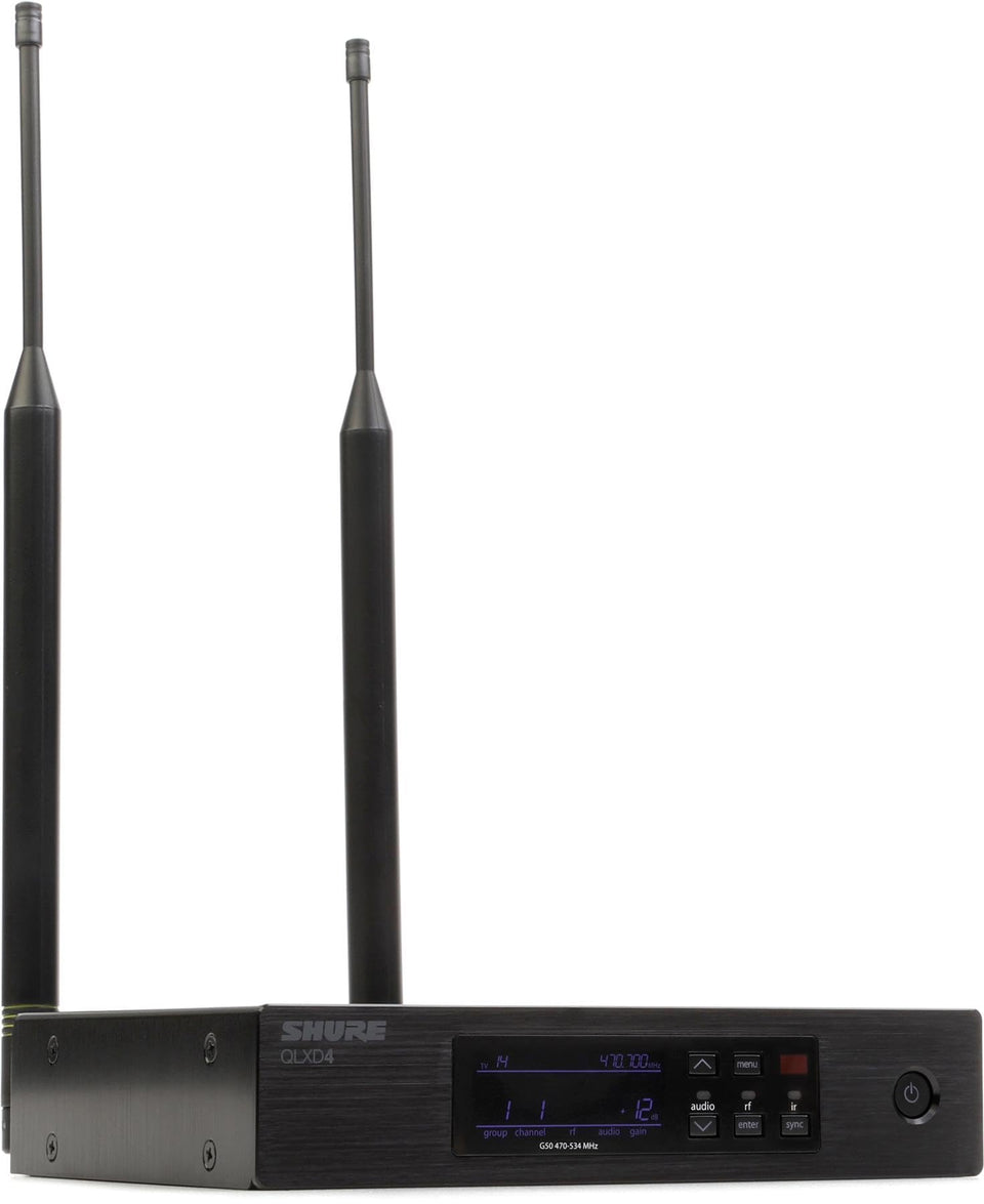 Shure QLXD4 receiver front panel with high-contrast LCD for fast setup in live events