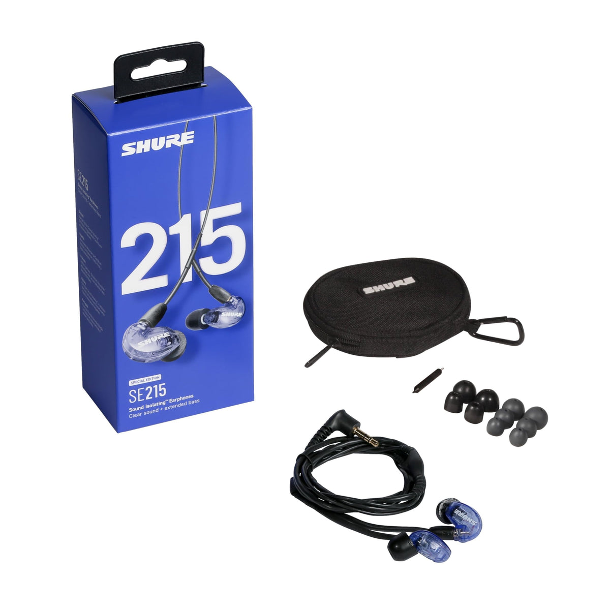 Shure SE215 Purple with dynamic driver delivering clear sound and deep bass.