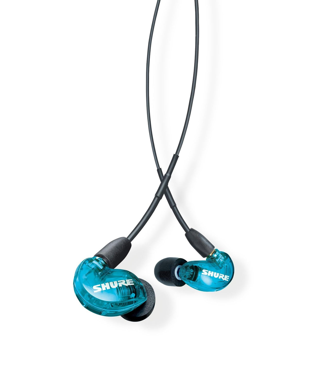 Shure SE215SPE front view showing blue housings and ergonomic shape for comfortable wear