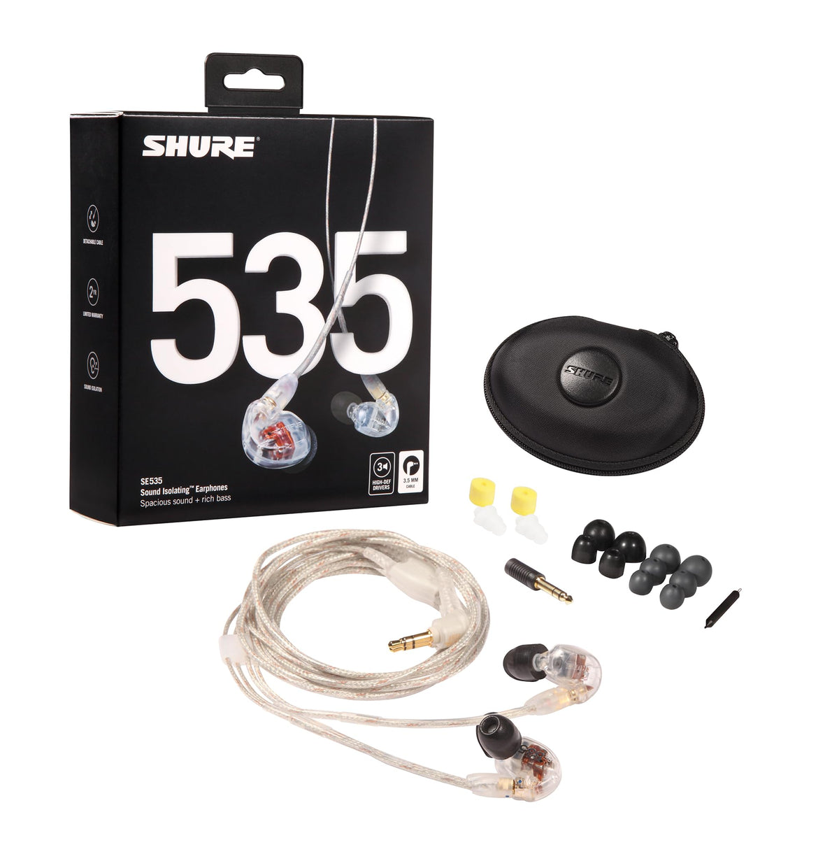 Shure SE535 Pro sound-isolating sleeves reduce external noise for focused listening.