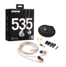 Shure SE535 Pro sound-isolating sleeves reduce external noise for focused listening.