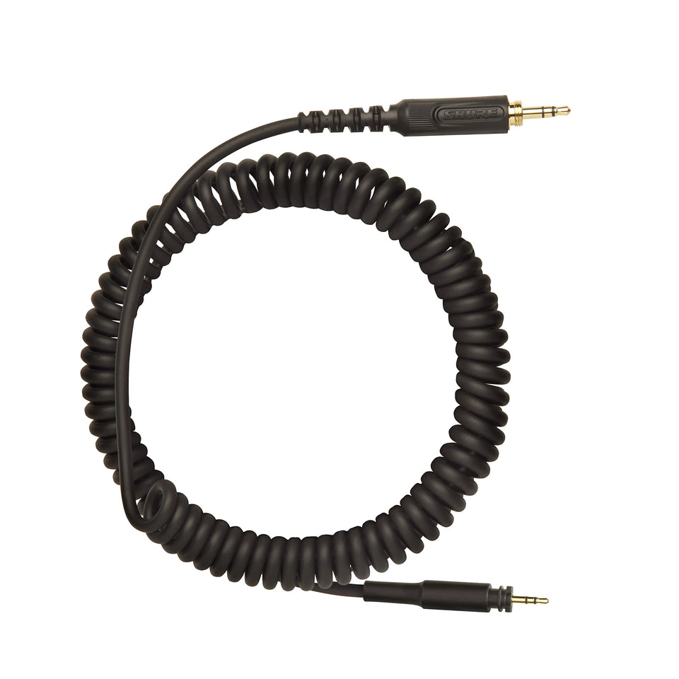 Shure SRH coiled 3.5mm bayonet cable for SRH440A and SRH840A headphones, easy replacement.