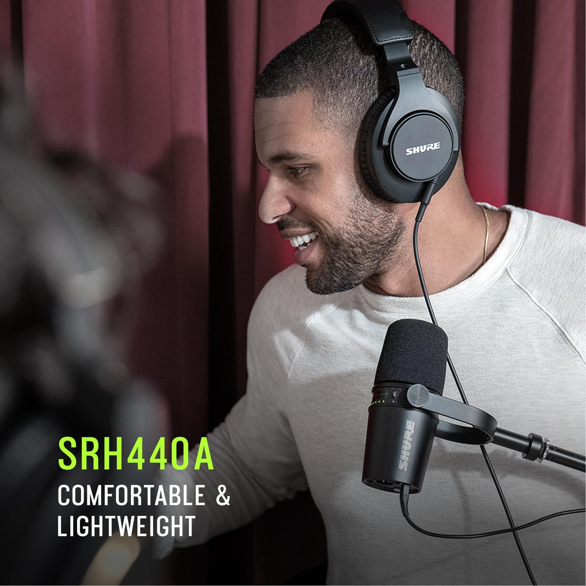 Shure SRH440A cushioned earcups offer all-day comfort during recording and editing.