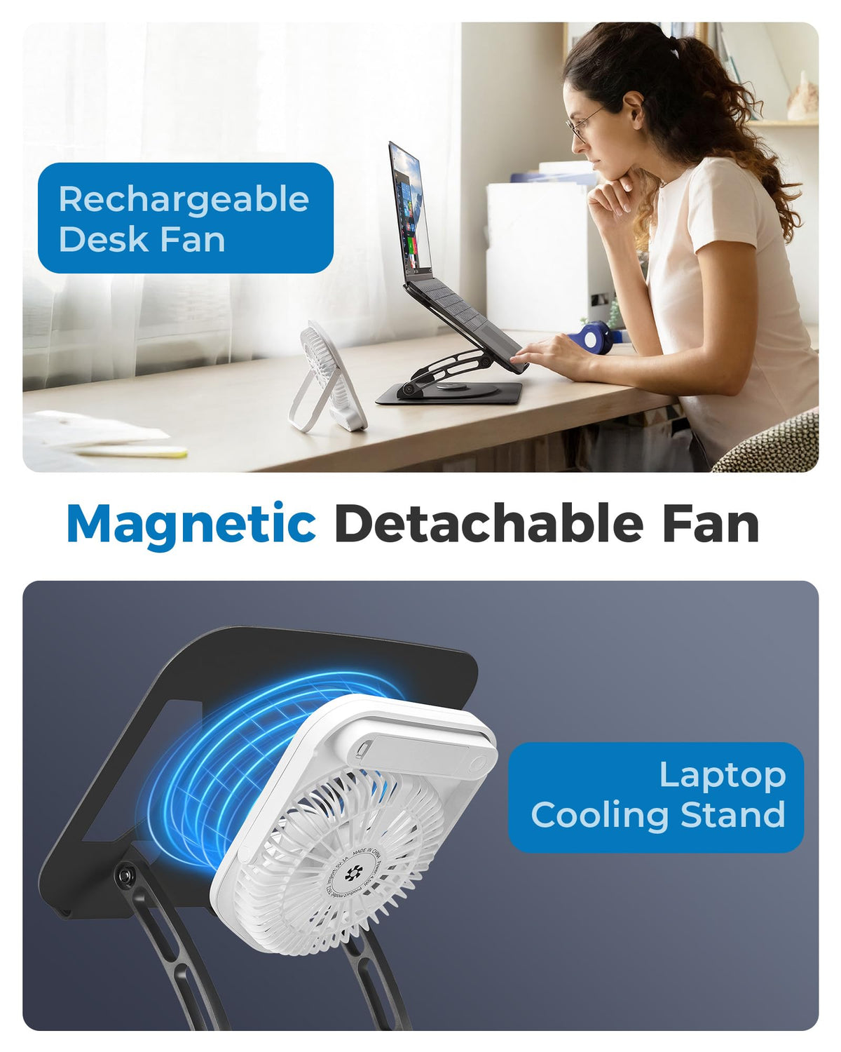 SHUWEI detachable fan close-up highlighting airflow control and cooling benefit