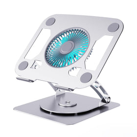 SHUWEI front view of silver stand showing sleek frame and cooling fan, improves airflow