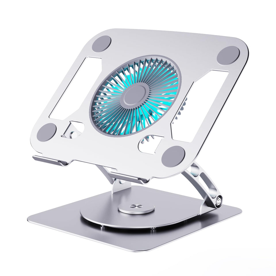 SHUWEI front view of silver stand showing sleek frame and cooling fan, improves airflow