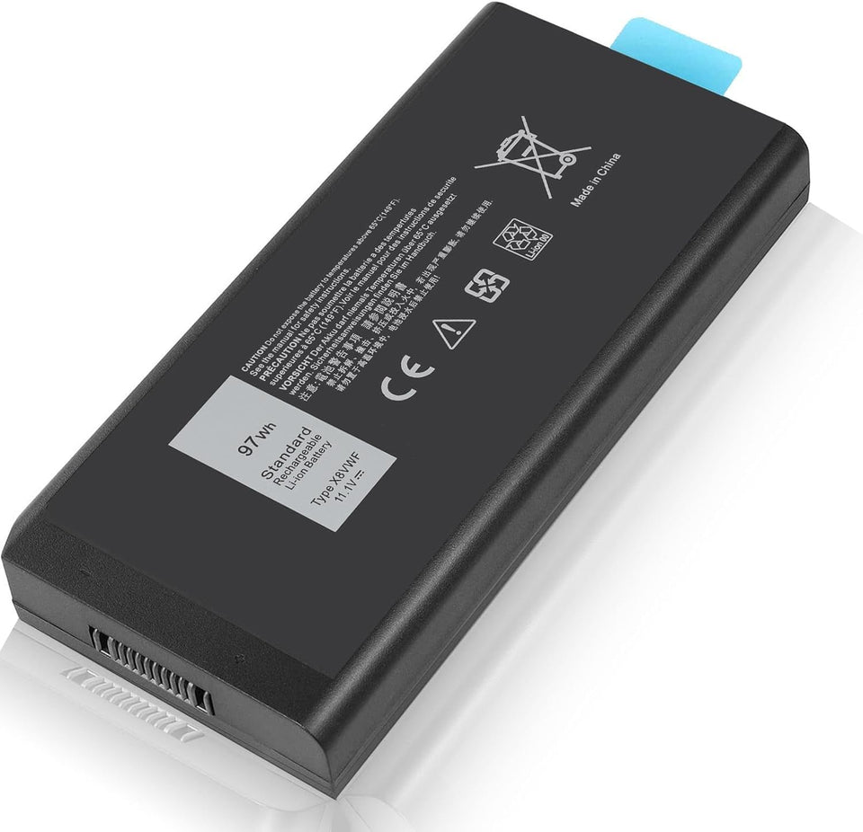Shyarweyy CJ2K1 97Wh battery front view showing shape and connectors for Dell Latitude rugged models