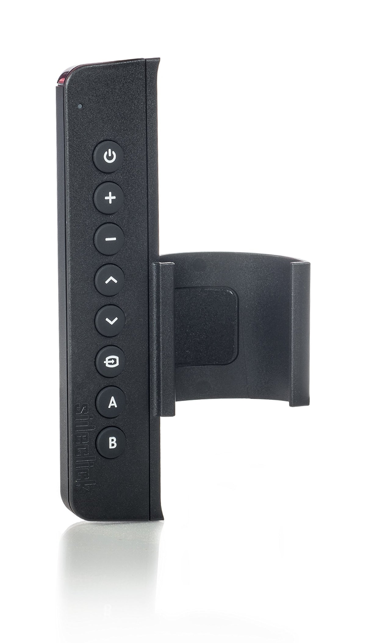 Sideclick hub controls TV, receiver, soundbar, Blu-ray, and Roku in one.