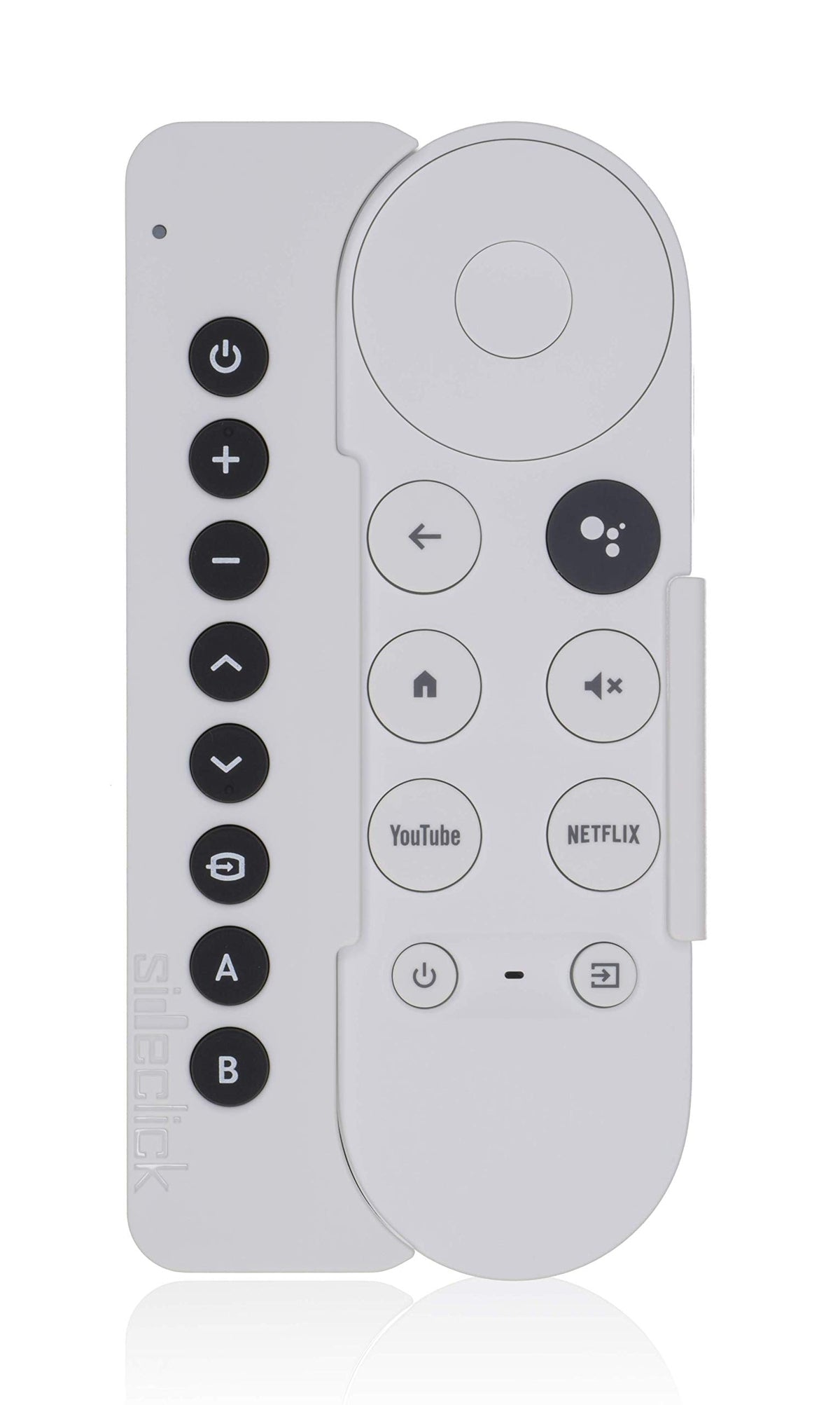 Sideclick universal remote attachment on Chromecast with Google TV enabling streamlined control.