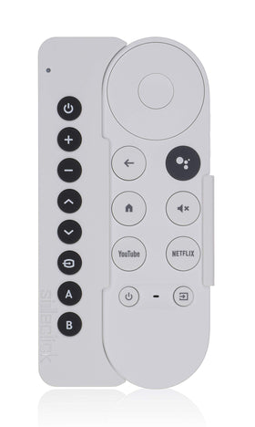 Sideclick universal remote attachment on Chromecast with Google TV enabling streamlined control.