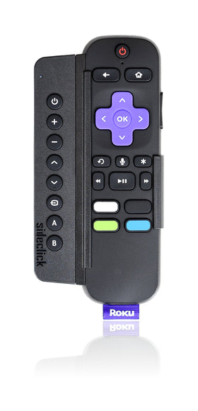 Sideclick universal remote attachment for Roku—front view for one-handed control.