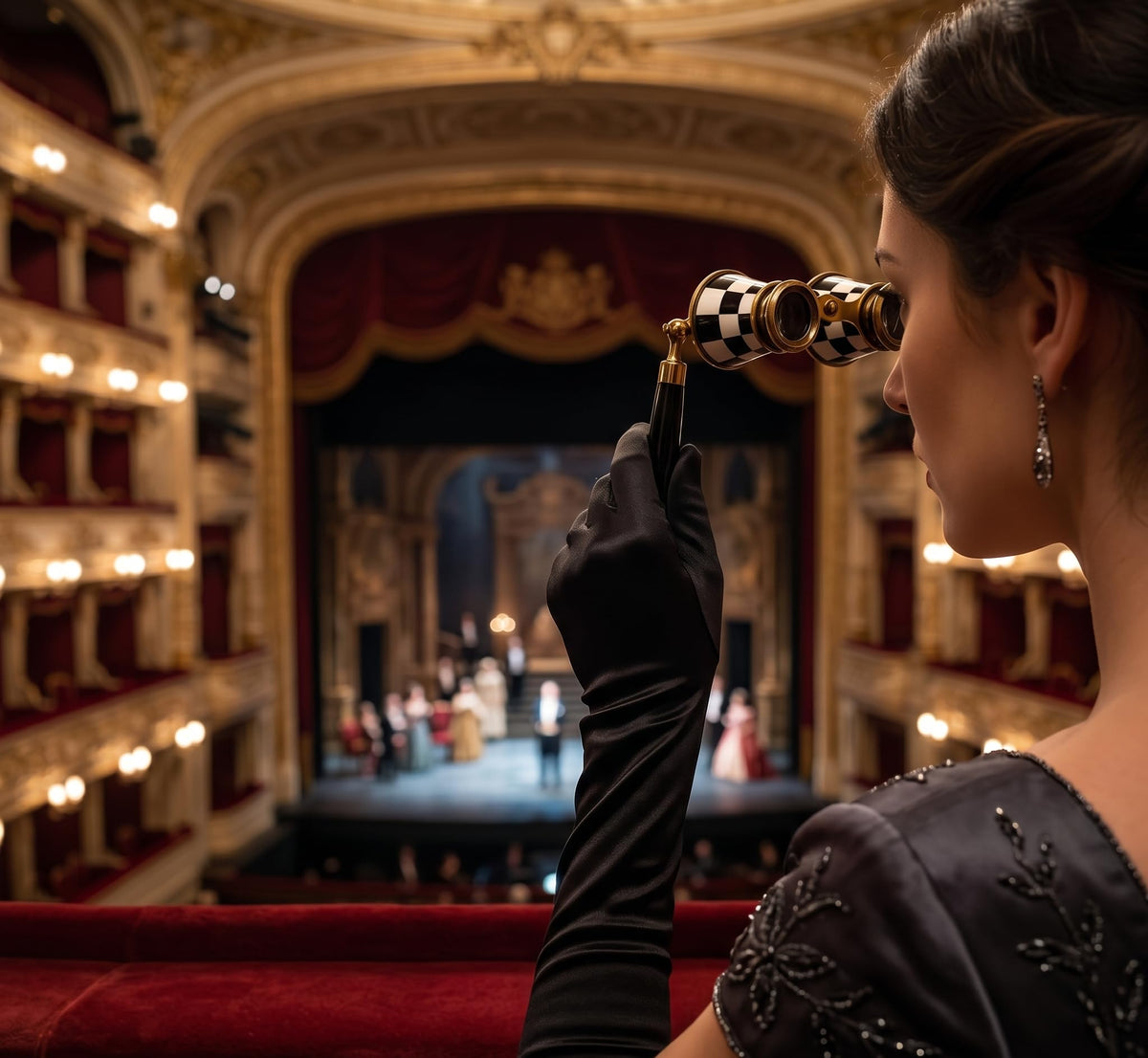 SIFAAT WORLD opera glasses in a theater seat framing stage view and clearer sightlines benefit