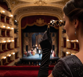 SIFAAT WORLD opera glasses in a theater seat framing stage view and clearer sightlines benefit