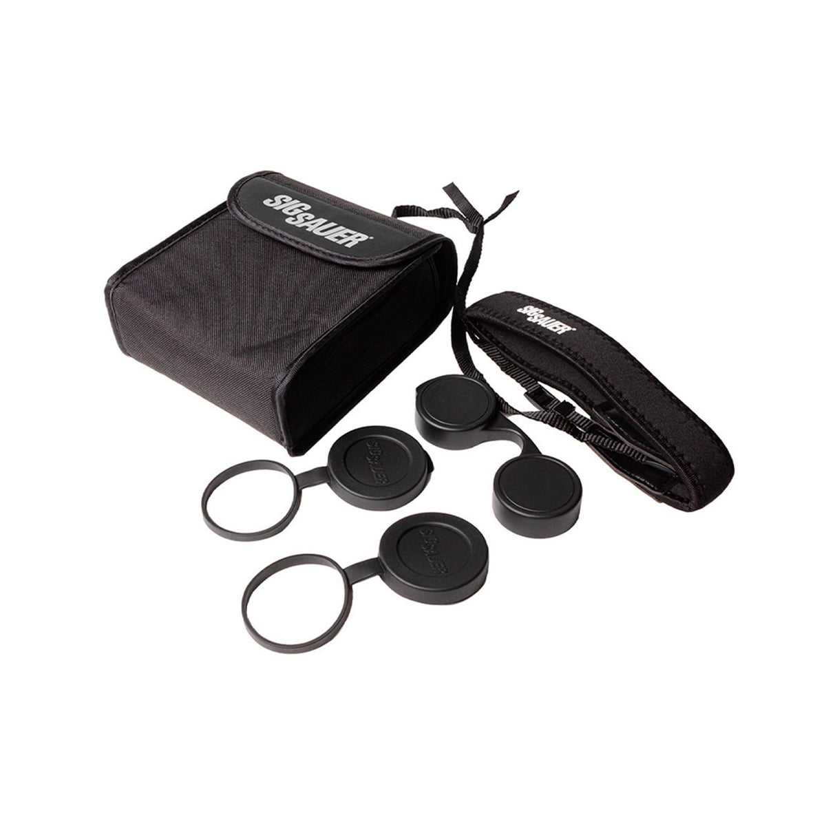 Harness strap, lens covers, and case included with SIG SAUER Canyon HD binoculars.