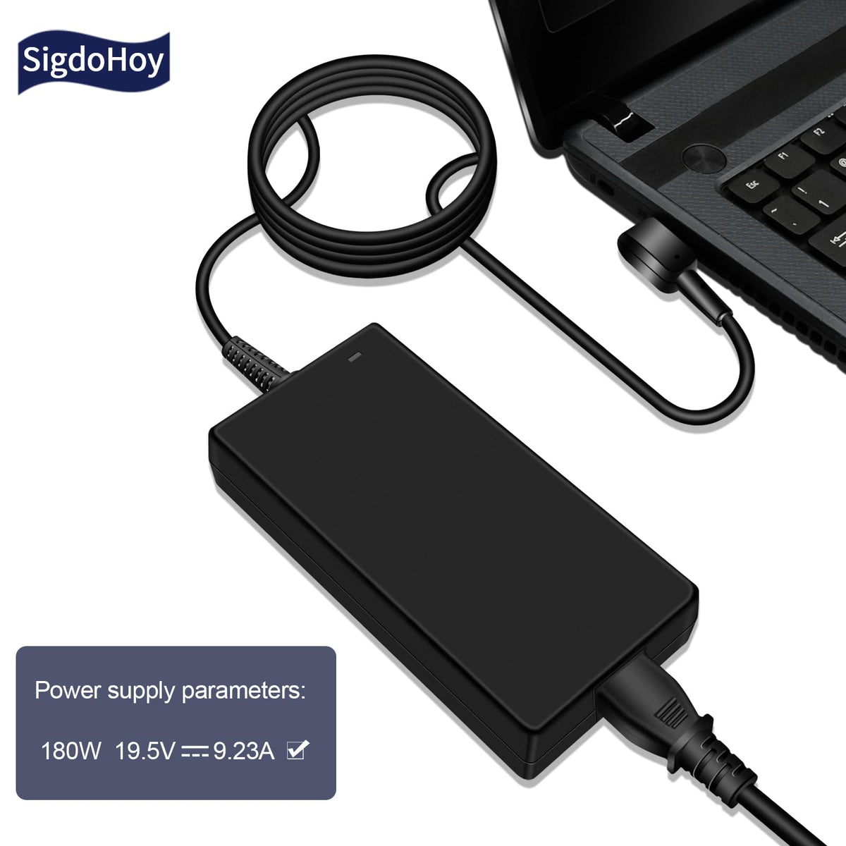 SigdoHoy 180W charger on desk beside gaming laptop.