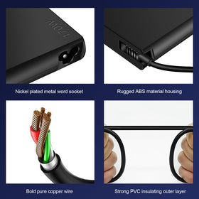 SigdoHoy charger next to laptop for scale, compact size advantage for portability